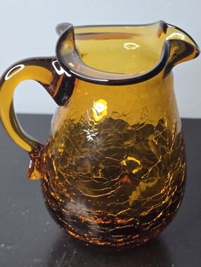 Vintage MCM Amber Crackle Glass Mini 4" Pitcher with spout and ruffled top